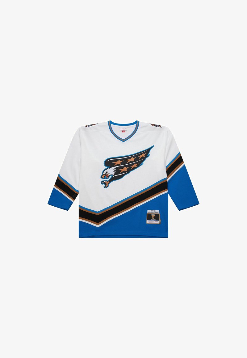 White and blue hockey jersey with a fierce eagle logo featuring stars on the chest and diagonal black and tan stripes on sleeves and hem.