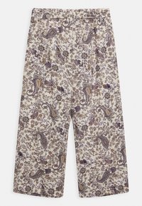 Calças com padrão floral em creme, apresentando designs de paisley em roxo e castanho. Corte solto com uma cintura elástica e pernas largas.