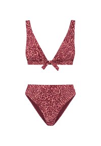 Bikini set s hlbokým výstrihom do V a vysokým pásom, so základom mahagónovej farby a vzorom ružových zebier a leopardov. Mäkká, elastická látka.