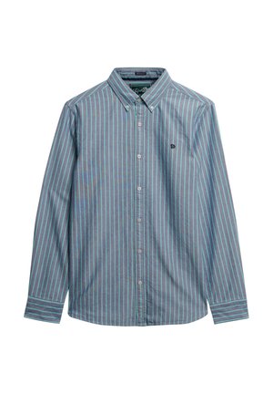 Camisa de manga larga abotonada en rayas verticales de color azul claro y verde oscuro, hecha de algodón, con cuello y detalle del logo en el bolsillo.