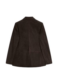 Dark brown suede blazer featuring a notch collar, long sleeves, and a tailored cut with subtle seams and no visible hardware.