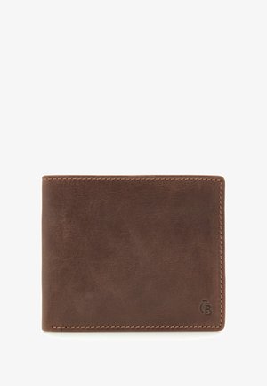 Brown leather wallet with smooth texture, two sections, and contrasting stitching. Features logo embossed on bottom right corner.