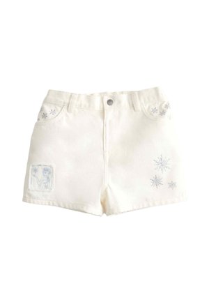 Witte kindershorts met zilveren sneeuwvlokborduurwerk en een klein embleem met een vrouwelijke figuur op het linkerbeen.