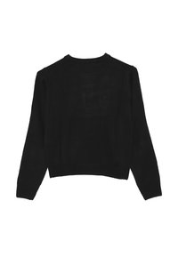 Maglione nero a maglia con scollatura rotonda, maniche lunghe e design corto. Il tessuto ha una trama liscia e dettagli minimi.