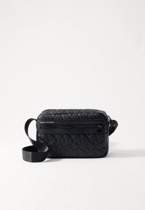 Black crossbody bag with a textured geometric pattern, featuring a front zip pocket and adjustable strap. Material is synthetic leather.