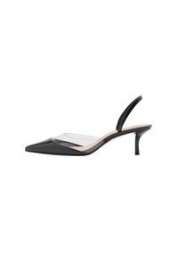 Cizme slingback din piele patent neagră cu vârful ascuțit și panouri transparente. Au un toc subțire și un design cu spatele închis.