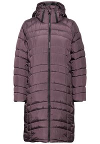 Ocieplana kurtka w odcieniu mauve z kapturem, o pionowym pikowanym wzorze, z zapięciem na zamek i czarnymi detalami. Posiada długie rękawy i prosty krój.