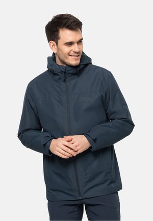 Dark blue waterproof jacket with a zip front, adjustable hood, and elastic cuffs. Smooth texture, functional design for outdoor use.