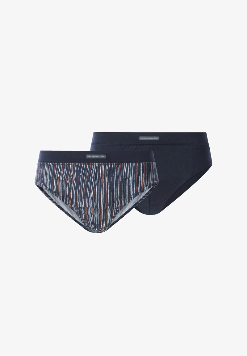Zwei Paare Herrenunterhosen: eine einfarbige in Marineblau, die andere mit einem gestreiften Muster in Marineblau, Rot und Weiß. Weicher Stoff mit elastischem Bund.