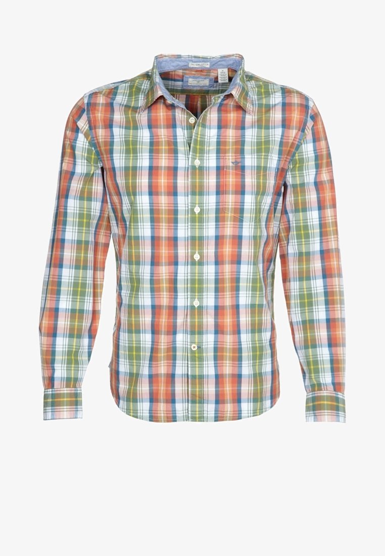 Chemise à manches longues boutonnée avec un motif à carreaux multicolores dans des tons orange, vert, bleu et blanc, avec une poche avant.
