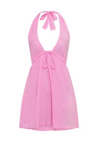 Ροζ φόρεμα με halter, με βαθύ V-λαιμόκοψη, δεσίματα μπροστά και ρέουσα σιλουέτα. Κατασκευασμένο από ελαφρύ ύφασμα με λεία υφή.