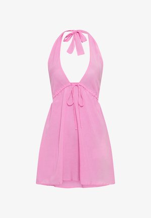 Rosa Neckholderkleid mit tiefem V-Ausschnitt, vorderer Bindedetailierung und fließender Silhouette. Hergestellt aus leichtem Stoff mit glatter Textur.