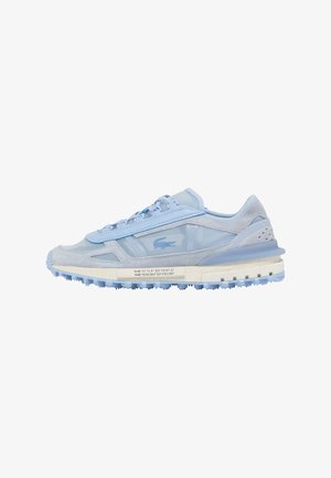 Light blue athletic sneakers featuring a mix of suede and mesh materials, with a textured sole and accents in darker blue.