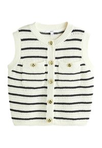 Maglione senza maniche di colore bianco sporco con strisce nere, dotato di un colletto rotondo, due tasche frontali e dettagli con bottoni in tonalità oro.