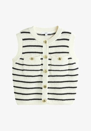 Ärmelloser Strickpullover in Off-White mit schwarzen Streifen, mit Rundhalsausschnitt, zwei vorderen Taschen und goldfarbenen Knopfdetails.