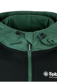 Black and green hoodie featuring a soft fleece-lined collar, front zipper, and adjustable toggles for a snug fit. Logo displayed on the side.