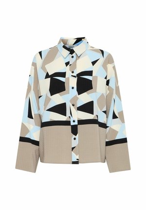 Long-sleeve button-up shirt featuring a geometric pattern in light blue, beige, and black. Made from soft fabric, with a standard collar.