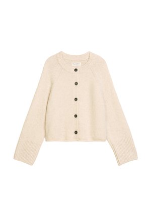 Gebreide cardigan in lichtbeige wolmix, met een ronde hals, knoopsluiting aan de voorkant met donkere knopen en ribgebreide manchetten.