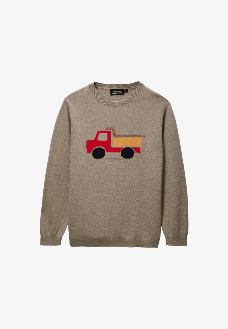 Pull beige à manches longues et col rond, avec un motif de camion-benne rouge brodé sur le devant. Texture douce et coupe décontractée.