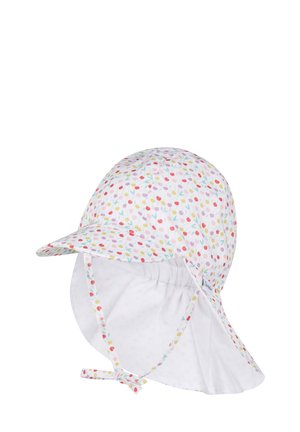 Weißer Baby-Sonnenhut mit buntem Kirschmuster, breiter Nackenklappe, Kinnriemen und Schleife auf weißem Hintergrund.