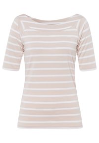 T-shirt rayé beige clair à manches courtes, avec des rayures horizontales blanches, un col large et une texture douce et lisse.