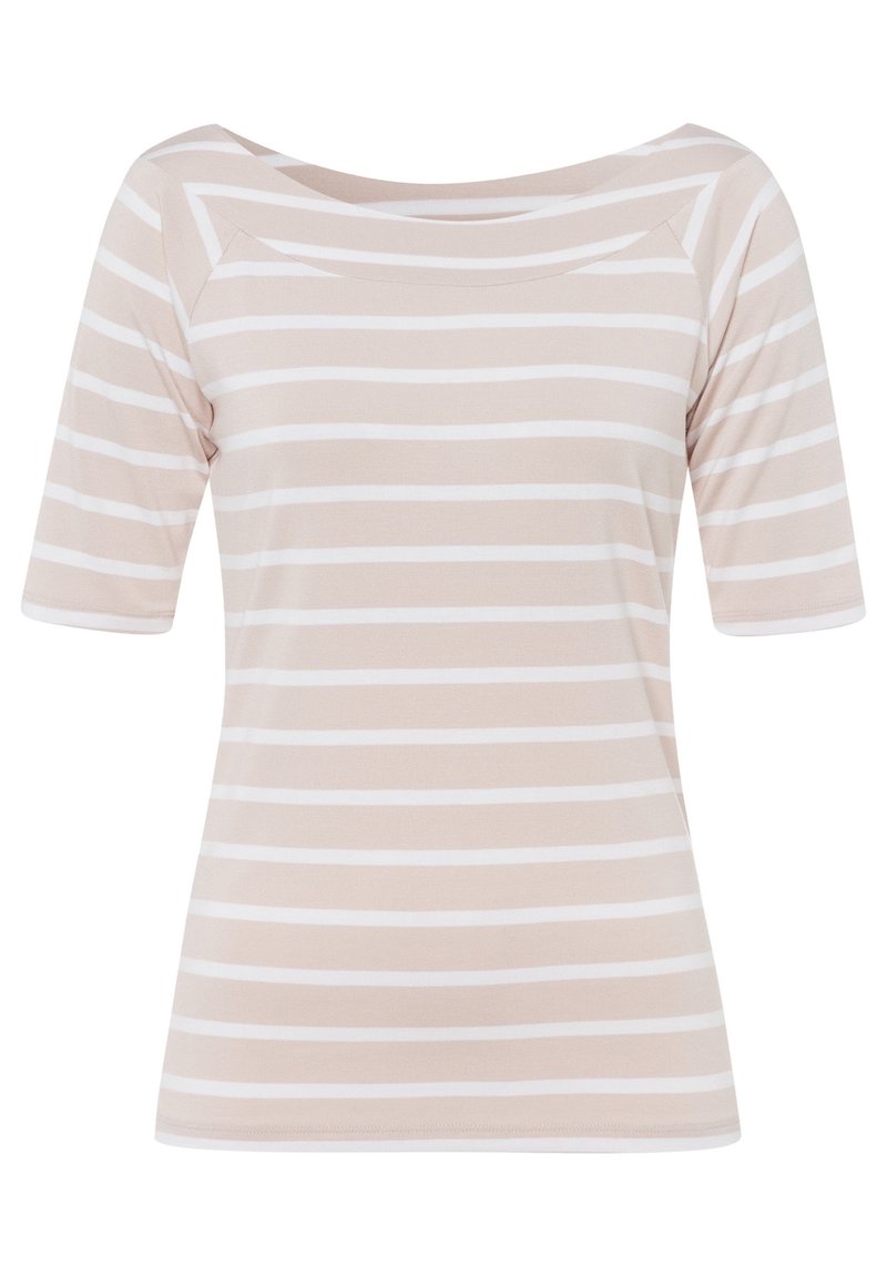 T-shirt rayé beige clair à manches courtes, avec des rayures horizontales blanches, un col large et une texture douce et lisse.