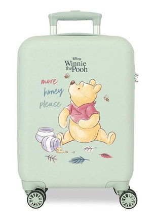 Maleta verde claro con Winnie the Pooh sentado junto a tarros de miel derramados, abejas volando y el texto "más miel, por favor."