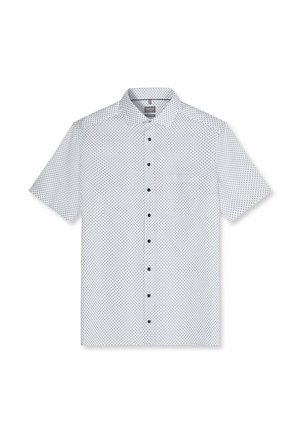 Chemise blanche à manches courtes avec petit motif à points noirs, col classique et boutons noirs sur le devant.