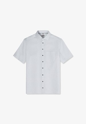 Weißes Kurzarmhemd mit kleinem schwarzen Punktmuster, klassischem Kragen und schwarzen Knöpfen vorne.