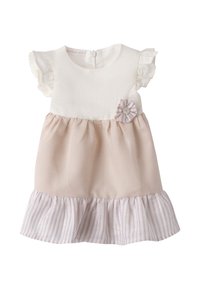 Kurzärmliges Kleid mit einem weißen Oberteil, einem rosa Unterteil und einem gestreiften, gewellten Saum; enthält ein Stoffblumenakzent. Weiches Baumwollmaterial.