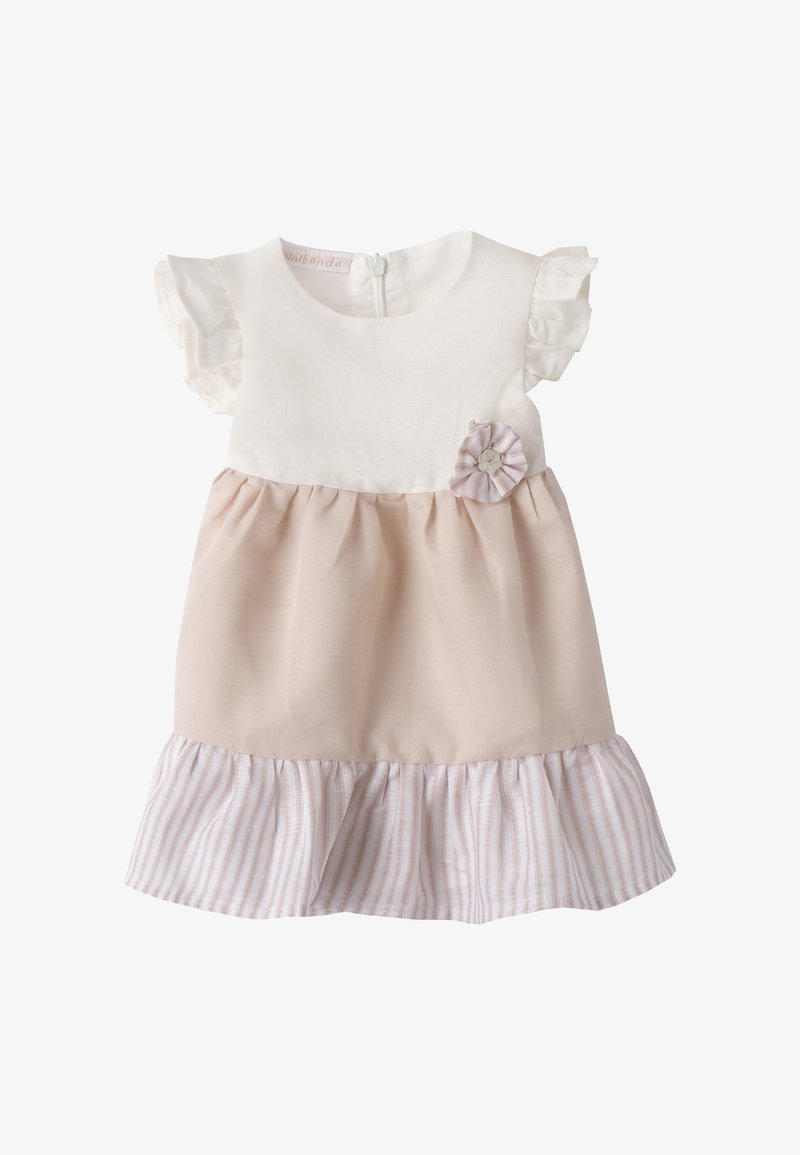 Kurzärmliges Kleid mit einem weißen Oberteil, einem rosa Unterteil und einem gestreiften, gewellten Saum; enthält ein Stoffblumenakzent. Weiches Baumwollmaterial.