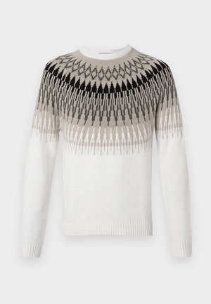 Knit sweater in white with a geometric pattern in shades of black, gray, and beige. Features a crew neck and ribbed cuffs and hem.