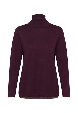Burgundijas krāsas garām piedurknēm turtleneck džemperis ar ribotu apkakli un vienkāršu, gludu adījumu.