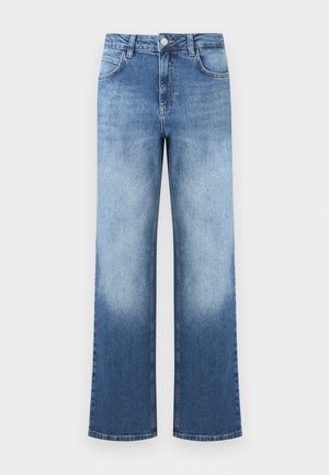 Kõrge vöökohaga sinised teksad, millel on helelt tumedamaks siniseks ülemineku efekt, ees taskud ja nööbiga kinnis.