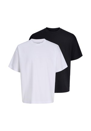 White and black plain short-sleeve crew neck t-shirts, displayed overlapping on a white background.