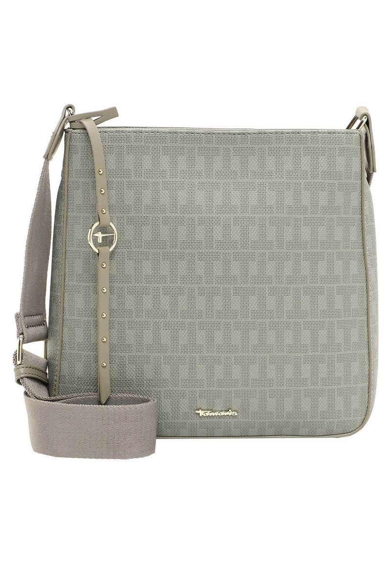 Borsa a tracolla sintetica grigia con texture, dotata di tracolla regolabile, hardware dorato e dettaglio del logo. Presenta un motivo geometrico sulla parte anteriore.