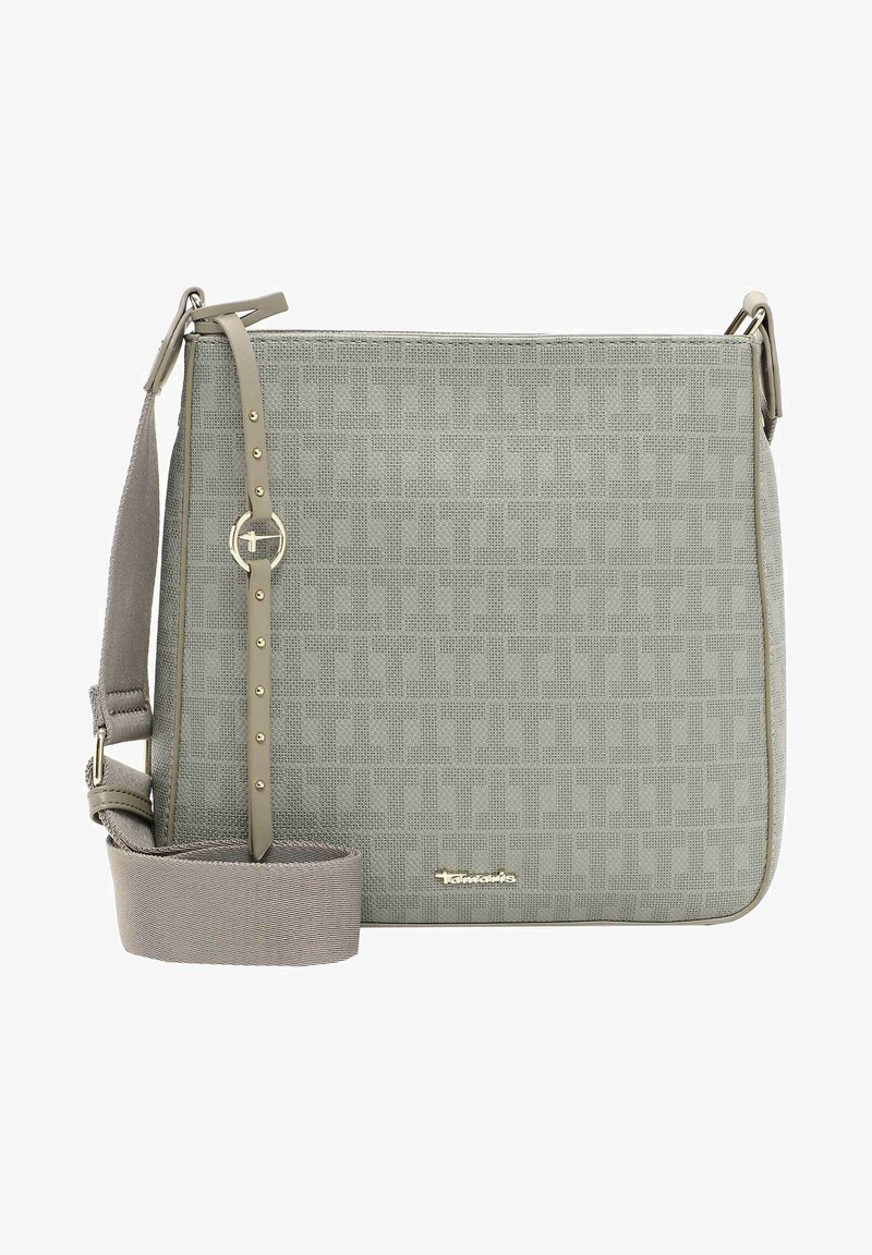 Borsa a tracolla sintetica grigia con texture, dotata di tracolla regolabile, hardware dorato e dettaglio del logo. Presenta un motivo geometrico sulla parte anteriore.