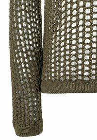 Strickpullover in Olivgrün mit einem strukturierten Gitterdesign. Verfügt über lange Ärmel und einen gerippten Saum. Leicht und transparent mit offenen Maschen.