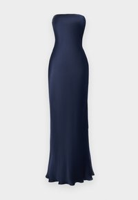 Αυτό το strapless, μακρύ φόρεμα σε σκούρο μπλε χρώμα διαθέτει ομαλή, γυαλιστερή ύφανση με εφαρμοστή σιλουέτα και φαρδύ στρίφωμα. Έχει μινιμαλιστικό σχεδιασμό, χωρίς ορατά μοτίβα.