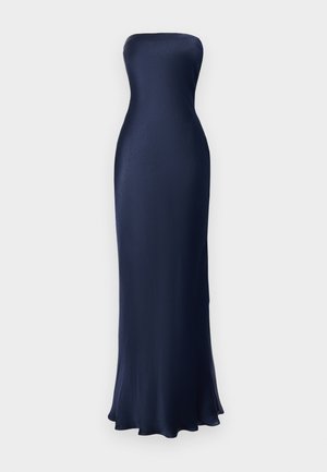 Rochie fără bretele, de lungime pe podea, în nuanță albastru marin. Fabrică netedă și lucioasă, cu o siluetă ajustată și o tivire evazată. Design minimal, fără modele vizibile.