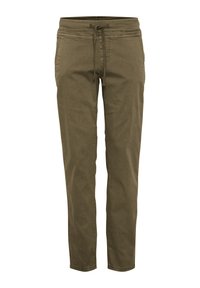 Pantalons fuselés olive, fabriqués en tissu doux en coton mélangé. Présentent une taille avec cordon de serrage, des poches latérales et un minimalisme de couture.