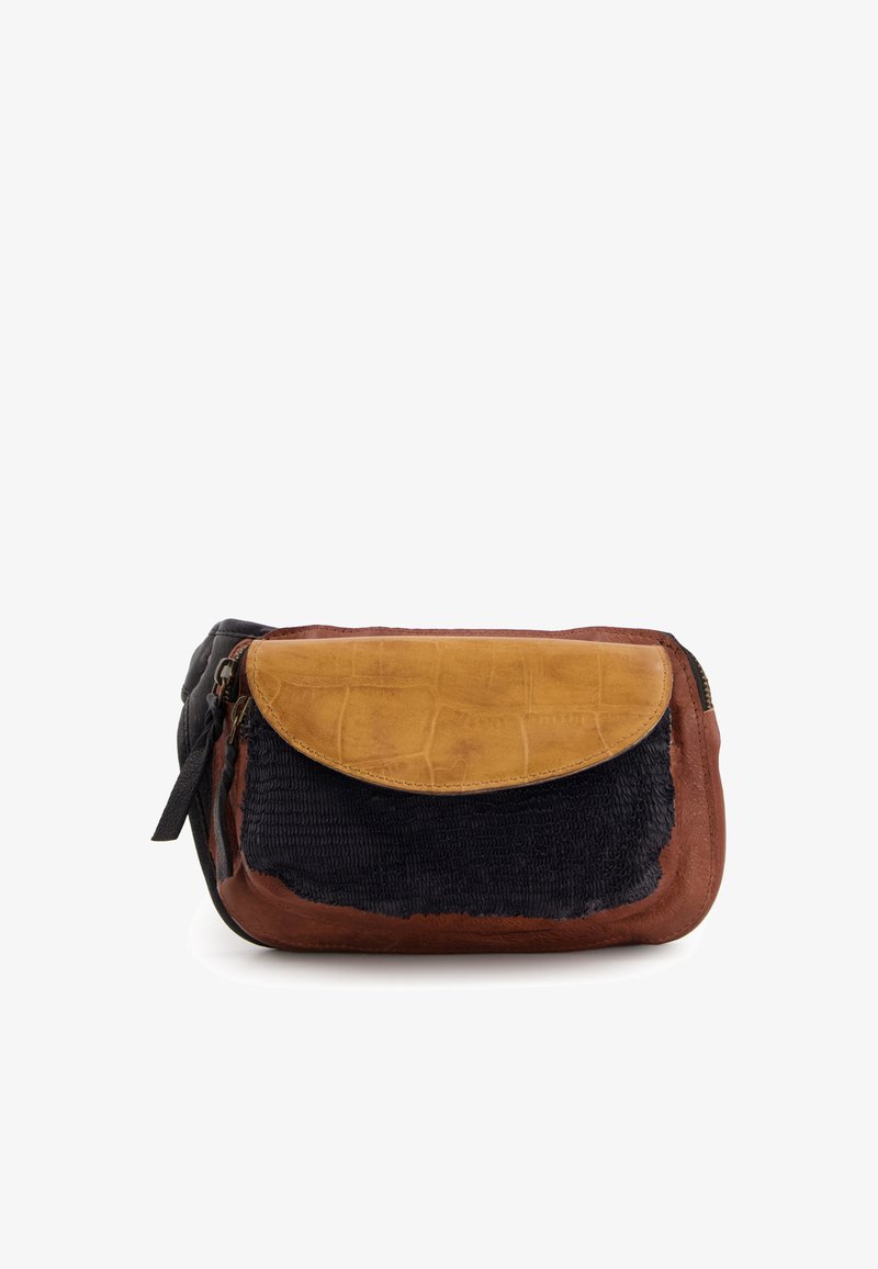 Leather bag featuring a mix of dark navy corduroy, brown leather, and a yellow crocodile-embossed flap. Zipper closure and side tassel detail.