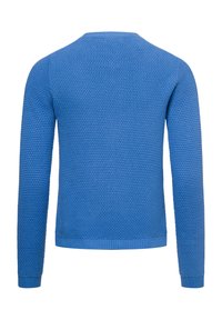 Blauer Strickpullover mit strukturiertem Muster, Rundhalsausschnitt und langen Ärmeln. Gerippte Bündchen und Saum unterstreichen das Design.