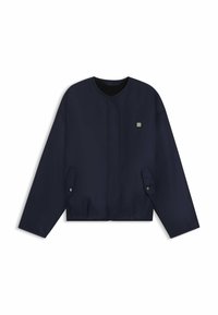 Navy lightweight jacket with a round neckline, long sleeves, two front pockets, and a small logo on the chest. Smooth texture.