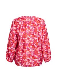 Koszula z długim rękawem z wielokolorowym wzorem kwiatowym w odcieniach różu i czerwieni, w luźnym kroju i okrągłym dekolcie.