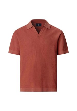 Rustfarvet kortærmet strikket poloshirt med åben krave og diskret ribkant i bund og ærmer, mærket Hackett London.
