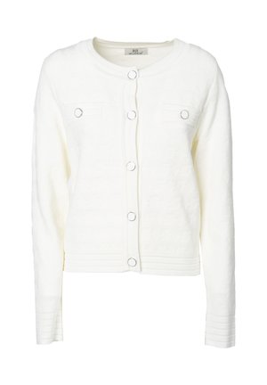 Cardigan corto bianco realizzato in tessuto testurizzato, con colletto rotondo, chiusura frontale con bottoni e accenti argentati, e due tasche frontali con patte.