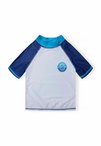 Kortärmad surf rash guard i ljusgrått med marinblå detaljer. Har en rund halsringning, sömmar i kanten och en surf logotyp på bröstet.