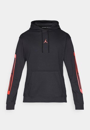 Hanorac negru cu glugă, cu buzunar frontal, logo roz pe piept și accente roz pe mâneci. Material din amestec de bumbac.