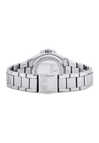 Klocka i rostfritt stål med polerad yta, oktagonal klockkåpa och länkarmband. Utrustad med ett säkert lås och graverade detaljer på baksidan.